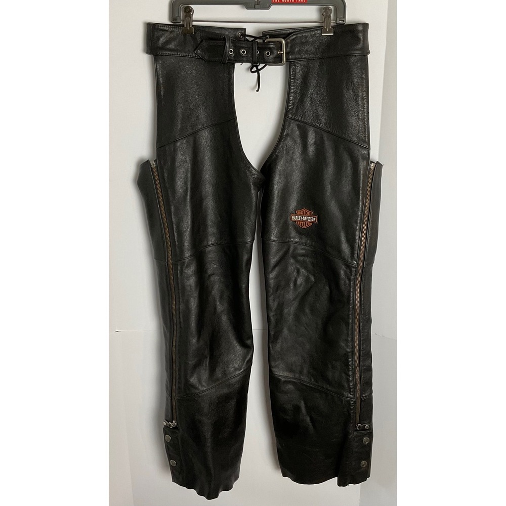 Harley-Davidson Mens Black Leather Motorcycle Chaps Large 98090-06VW Logo Biker